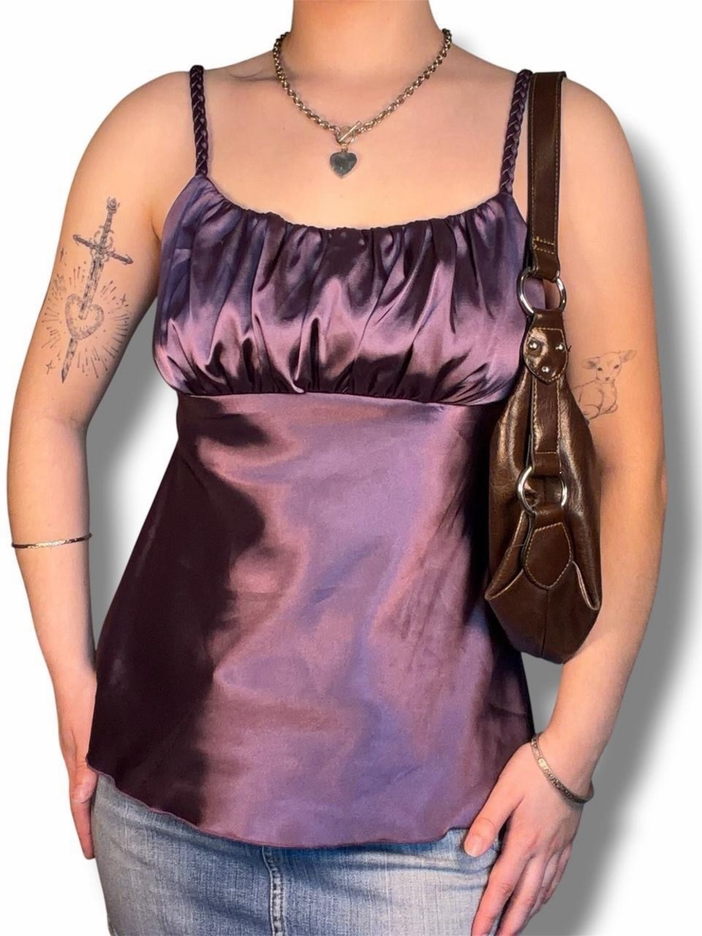 Satin Gathered Camisole Tank Top - Purple